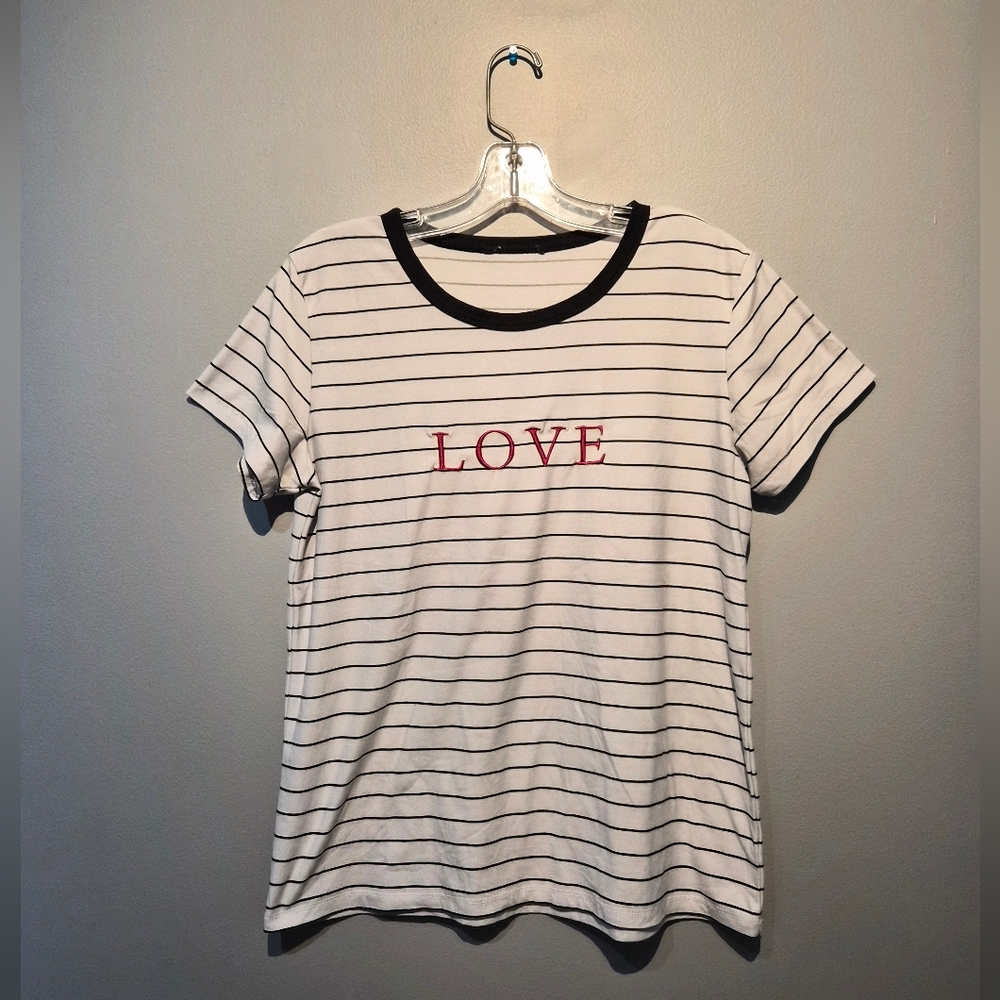 Striped White & Black Stitched LOVE  Graphic T-Shirt